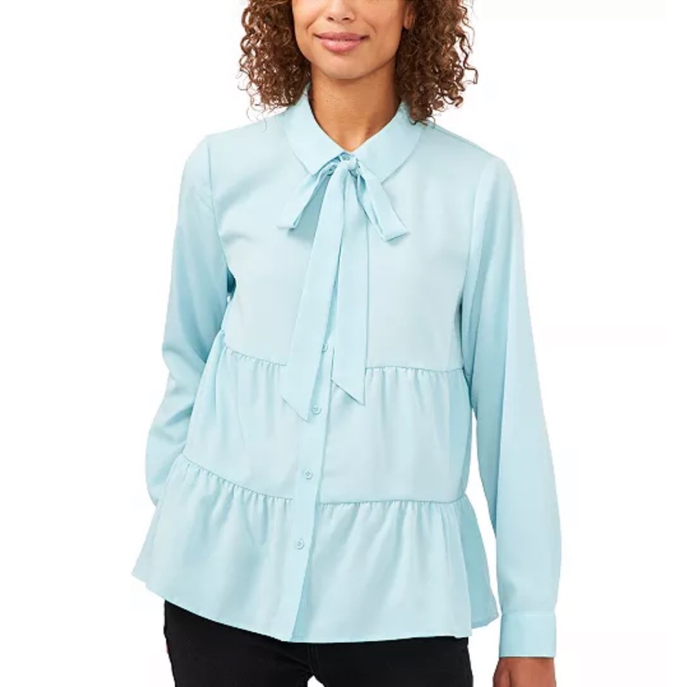RILEY & RAE light blue Tiered Tie-Neck Blouse, Created for Macy's NWT